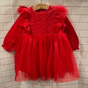 Red Baby Girl Cotton Flower Dress 73 US 6-12 Months Lace Ruffles Lined Bonnet
